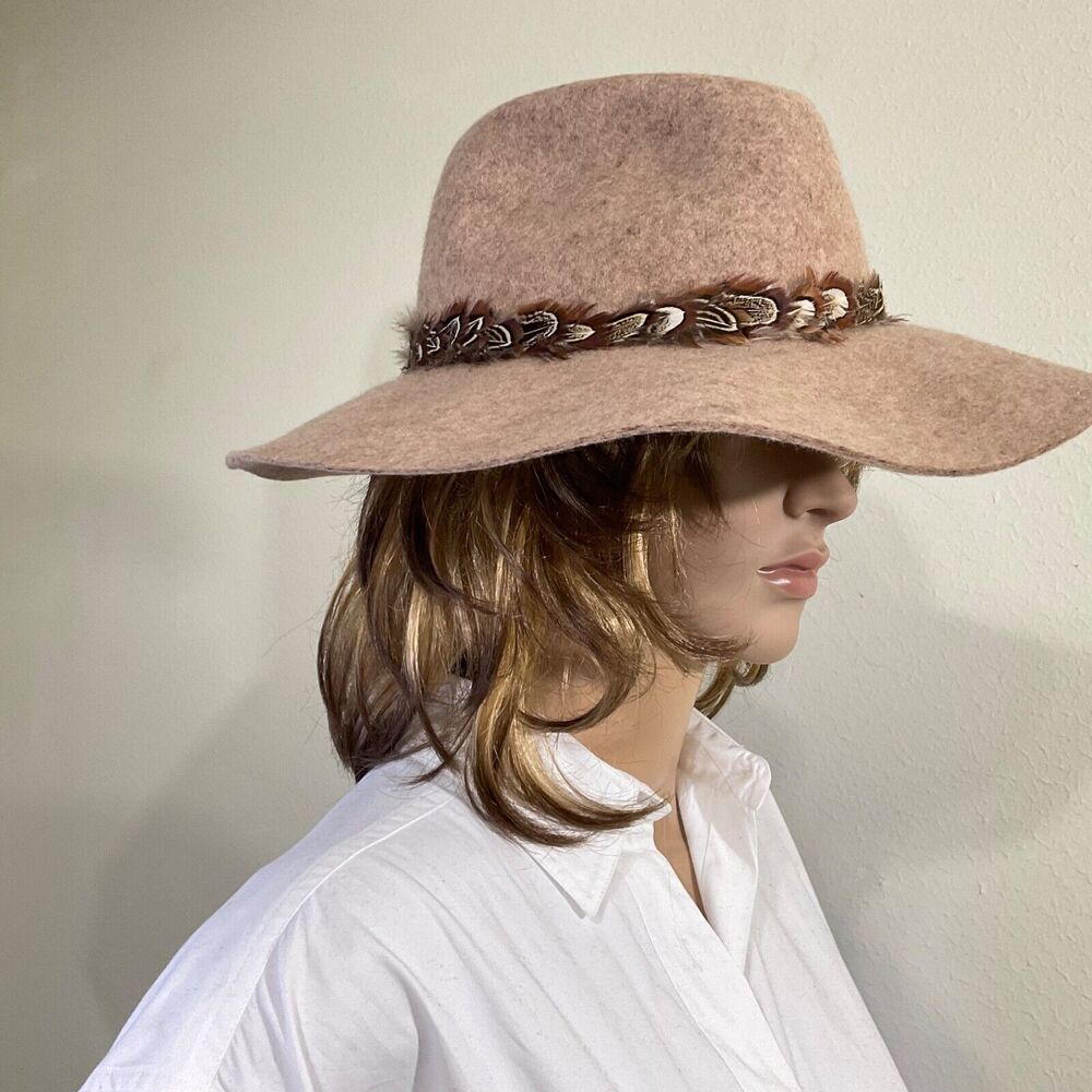 Brown 100% Wool Floppy Hat With Pecan Feather Hat Band Boho Hippie western